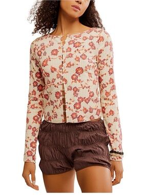 Free People Cream Floral Button-Front Long Sleeve Top